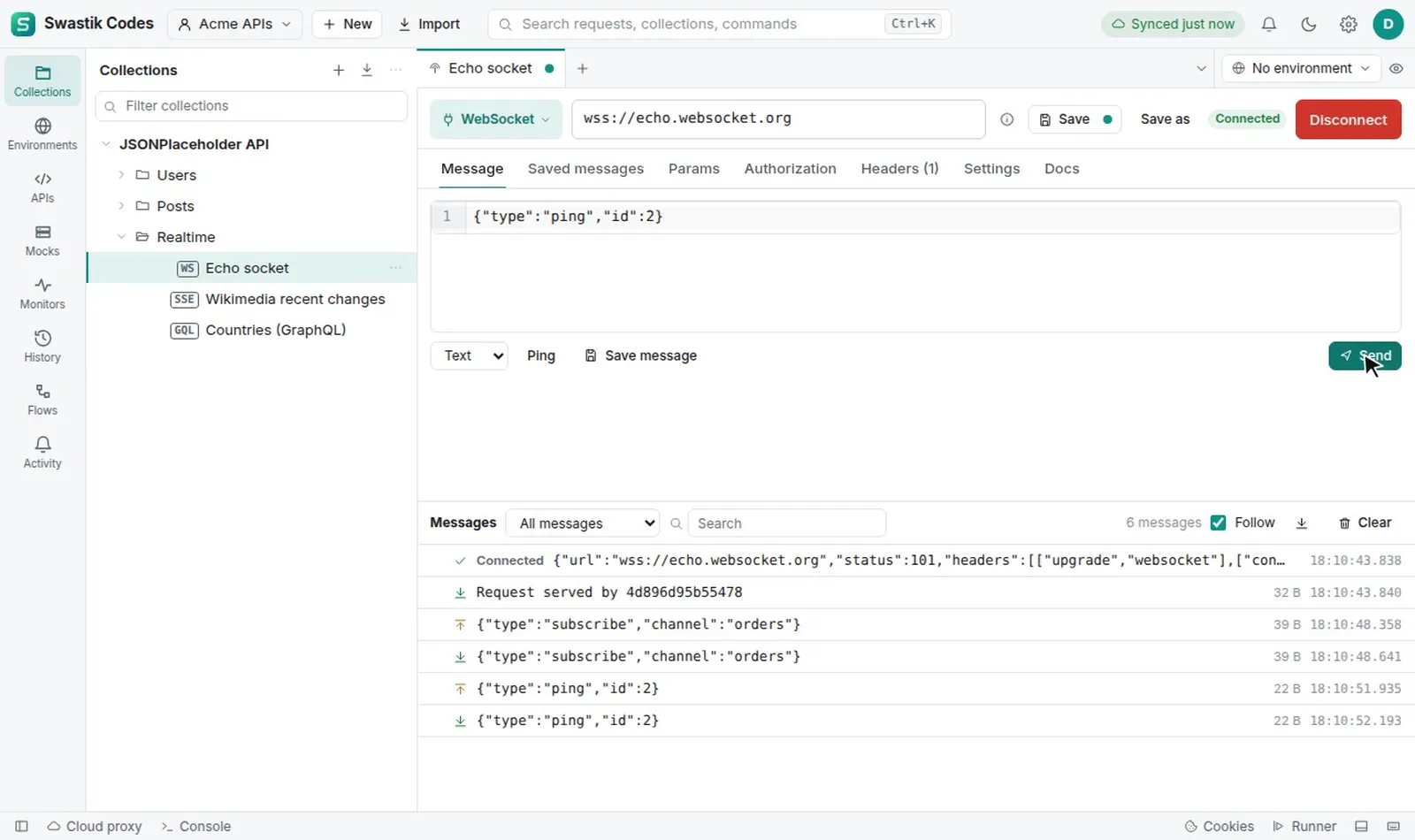 Connect to a WebSocket server, send JSON messages and see each one echoed back with its size and time.