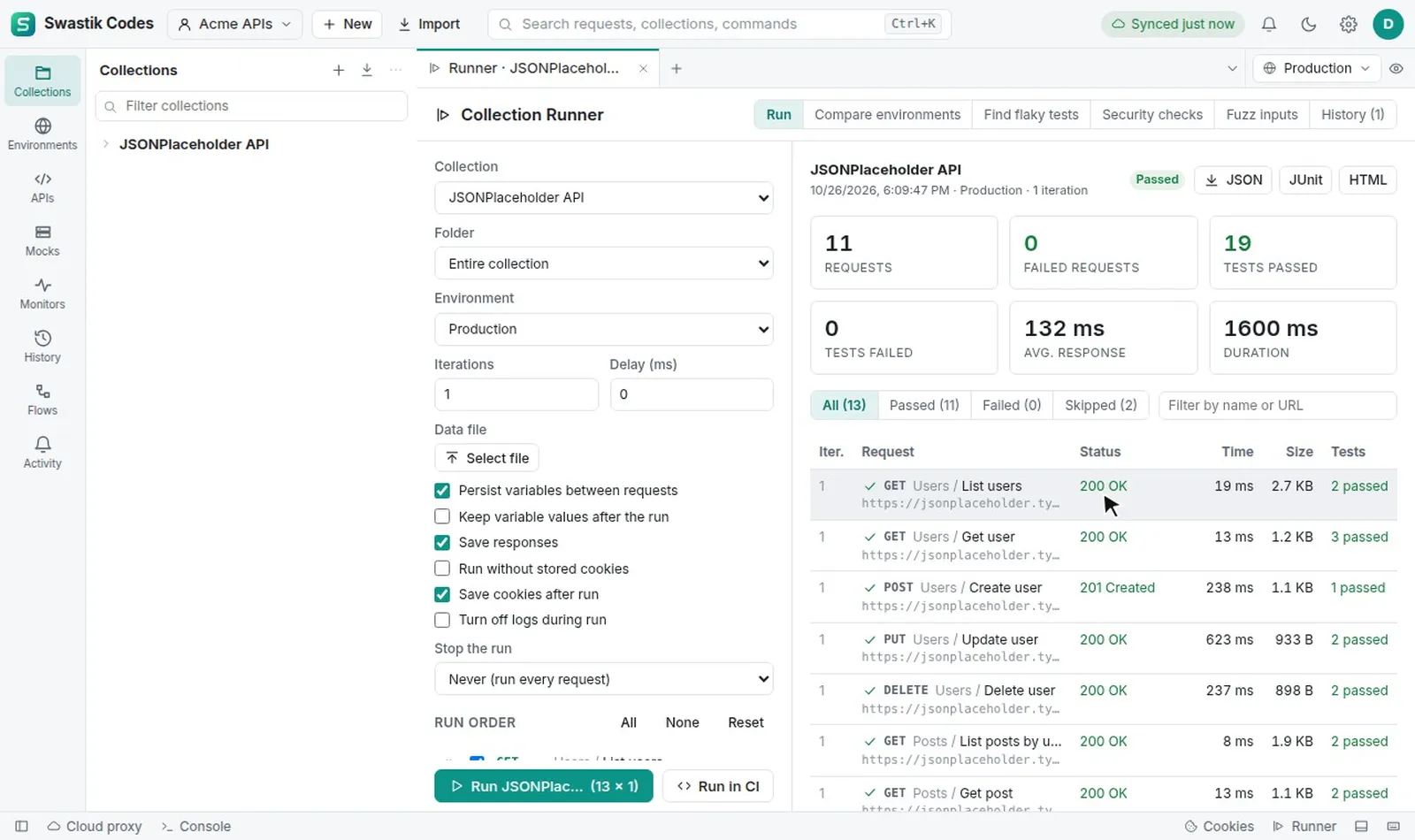 Run every request in a collection with its tests and watch the results, status codes and timings arrive.