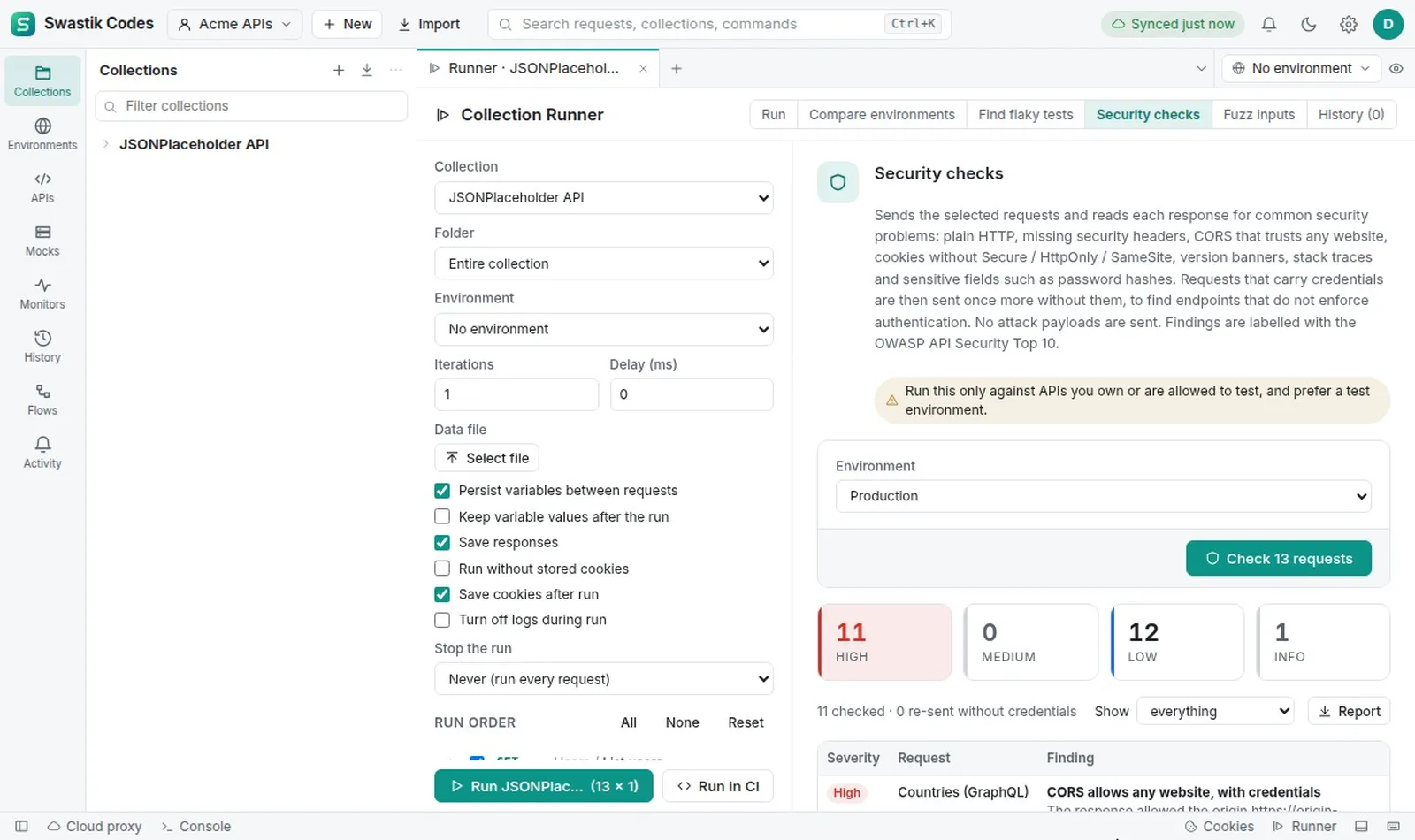 Scan a collection for missing security headers, open CORS and endpoints that answer without credentials.