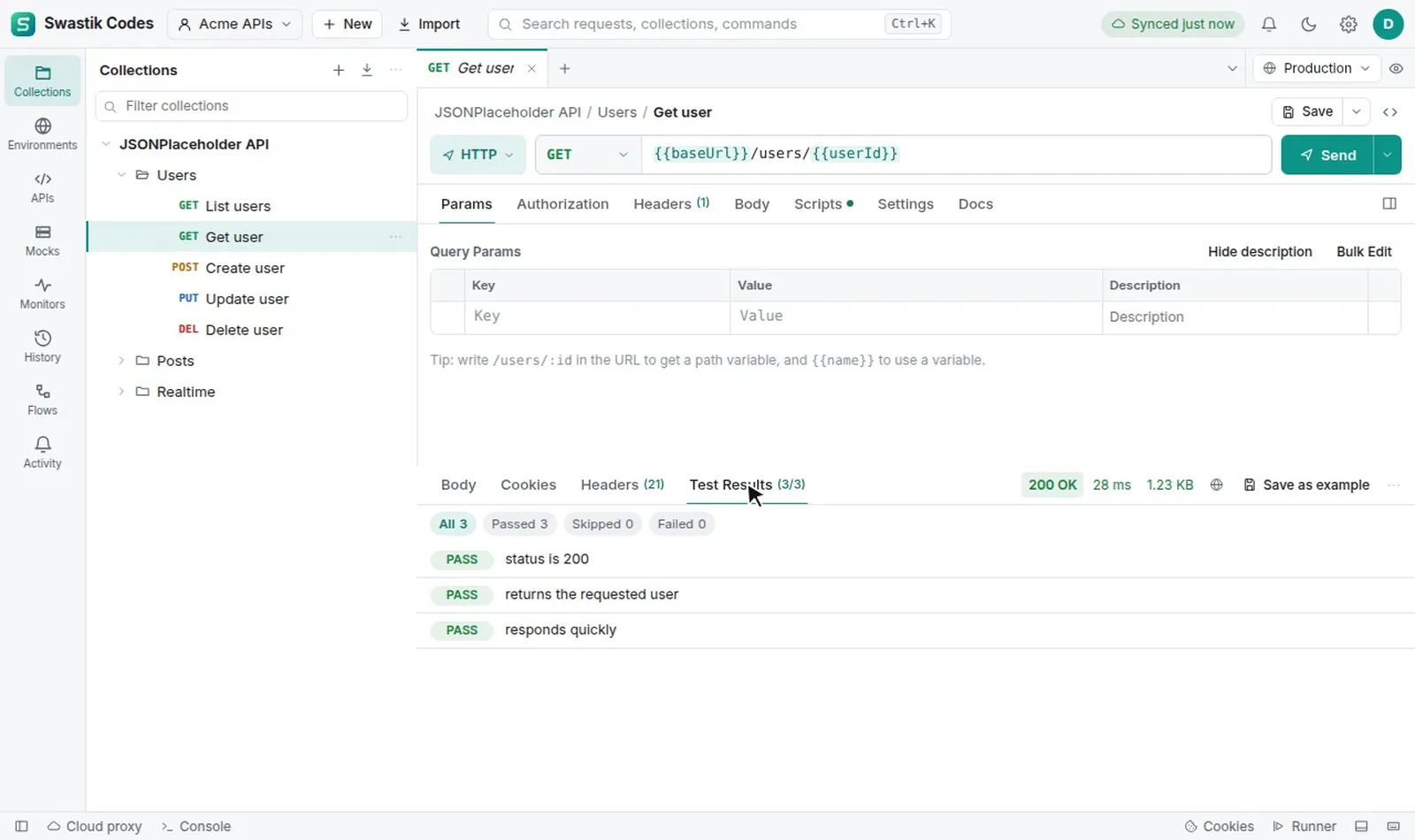 Pick an environment, send a REST request, read the JSON response and see every test pass.